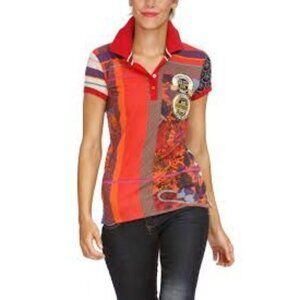 Y2K Desigual Womens Multicolor Polo Shirt Cotton S Vintage